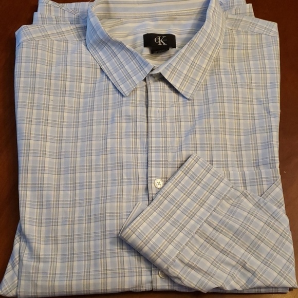 Calvin Klein Dress Shirt Lt Blue Plaid Lg Slv EUC - Picture 1 of 8
